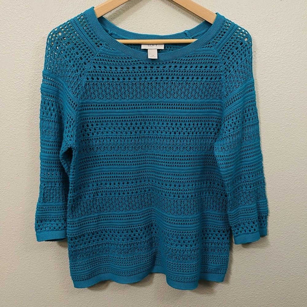 LOFT Green Open Knit Summer Sweater Crochet Vacation Cruise Beach Size L Petites